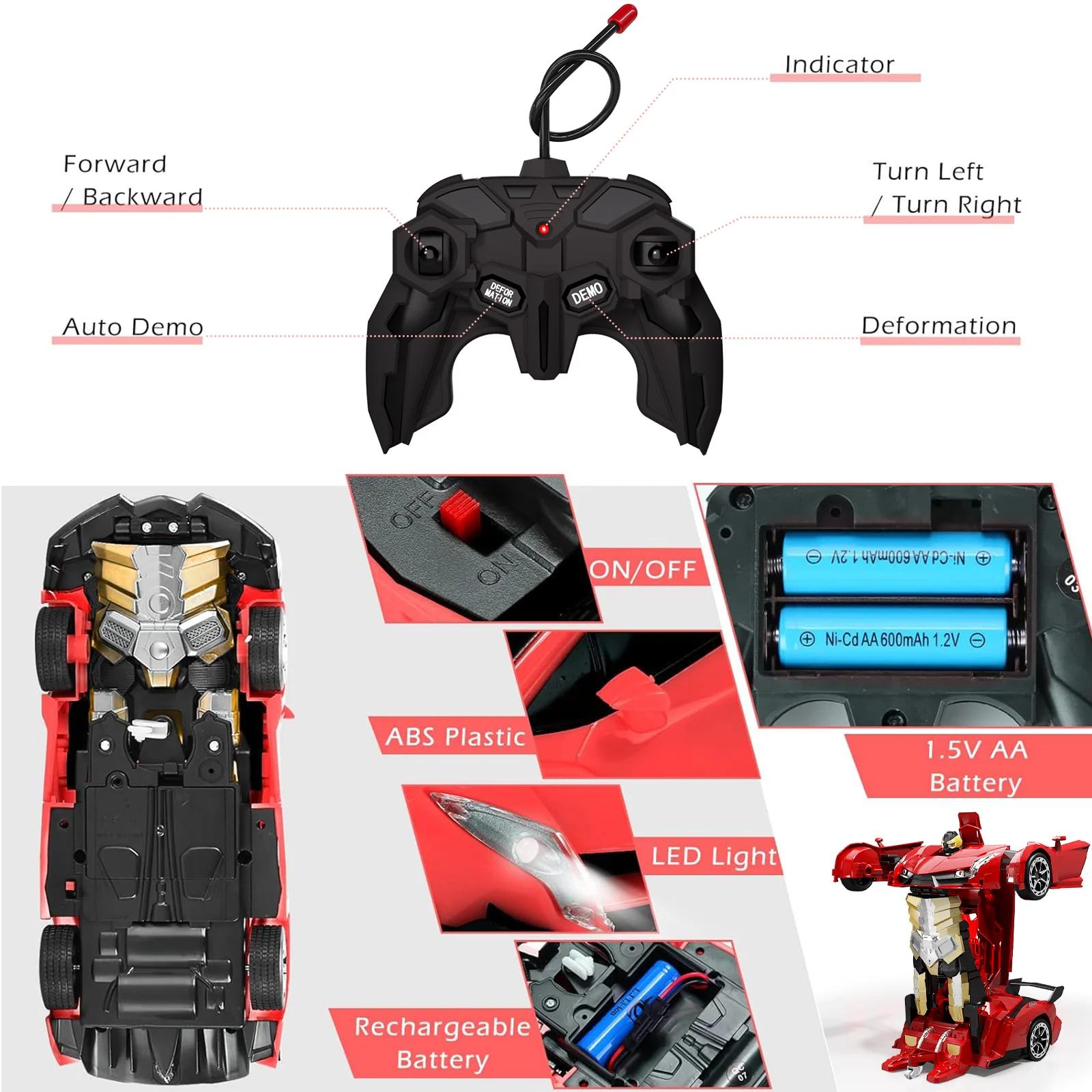 1:18 RC カー 2 In 1 リモート コントロール変換カー ロボット 360 °   LEDライト付き回転ドリフト電動レーシングおもちゃ 男の子 女の子用