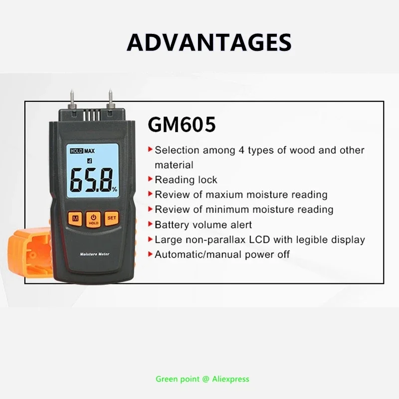 

5PCS DC Resistance Wood Moisture Tester GM605 (Probe Type) With Large Non-Parallax LCD Screen & Legible Display Humidity Meters