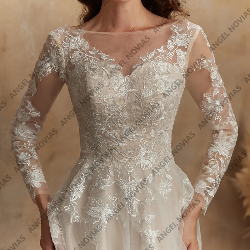 Angel Novias Tule Lange Mouw Trouwjurken 2026 Kant Bruidsjurk Aangepaste A-lijn Vrouwen Luxe Feestjurk Vrouw