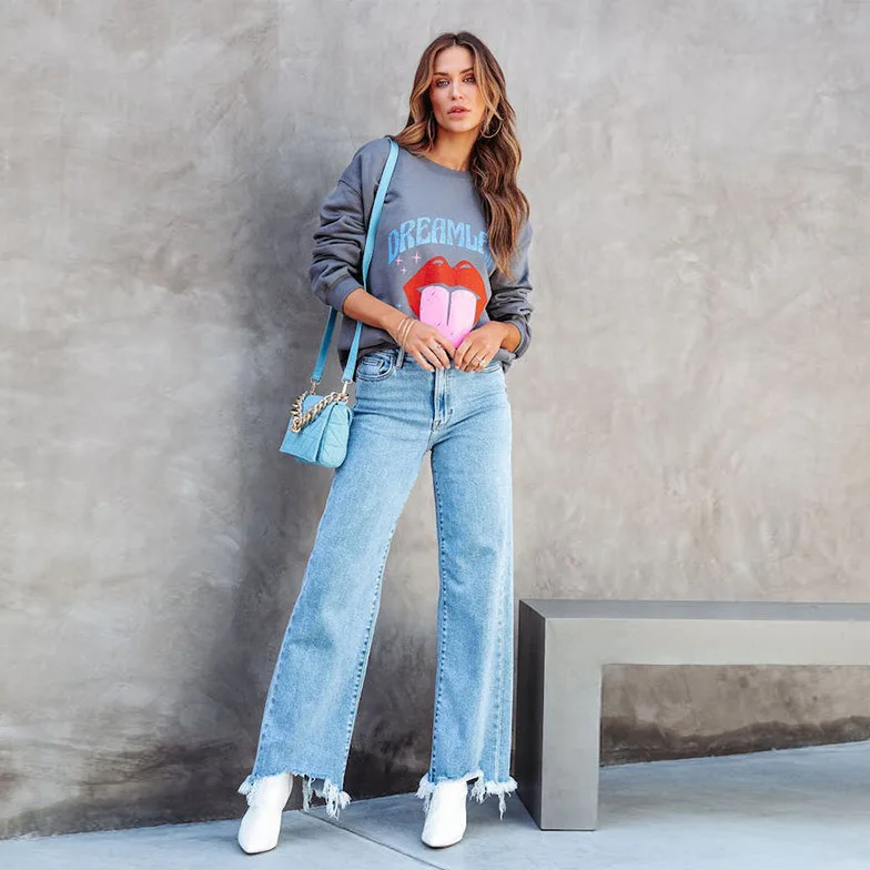 Women Denim Straight Pants Zipper Fly Tassel Jeans Washing Loose Fit Pockets Basics Simple Spring 2024 Slight Strech Solid