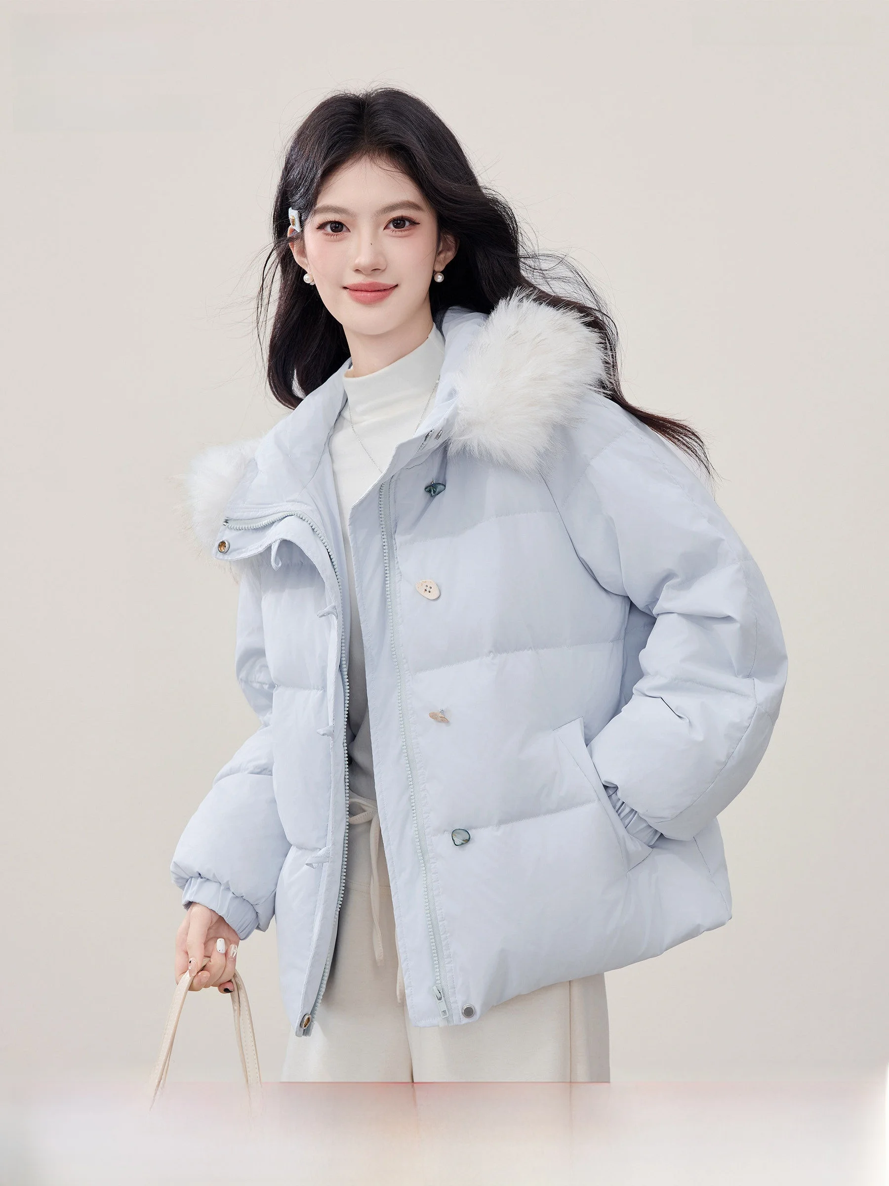 

Lingjiu Women's Puffer Jaet Hooded Fur Collar down Coat Winter Warm Thiened Bread Sle Du Feather Casual Loose Fit