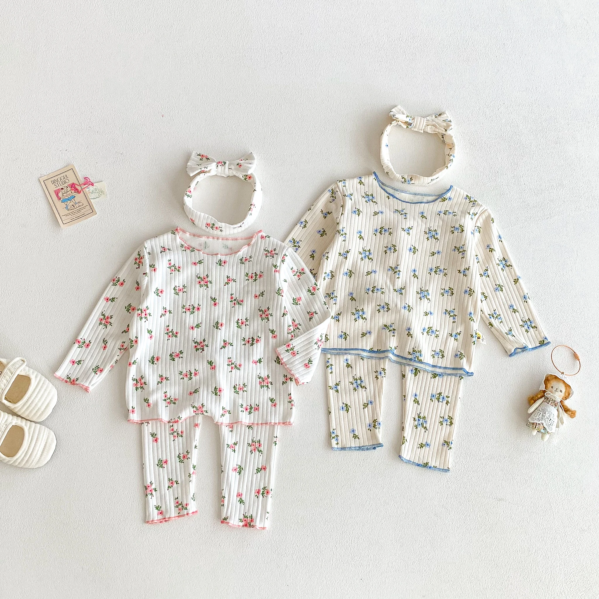Infant and Toddler Long-Sleeved Set for Autumn, Two-Piece Floral Print Casual Set for Baby Girls