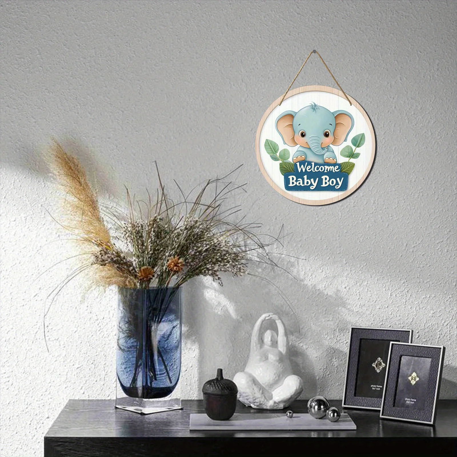 2D Flat, A 2D Round Wooden Sign Mural, Depicting a Retro Elephant, Suitable for Bedroom, Office, Garden, Weddings, and Birthdays