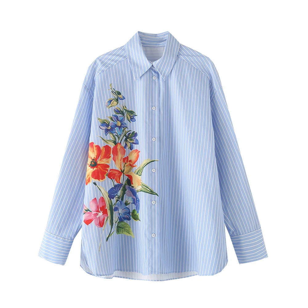 PB&ZA 2024 Early Autumn New Women\'s Fashion Flower Print Striped Lapel Single-Breasted Long-Sleeved Shirt