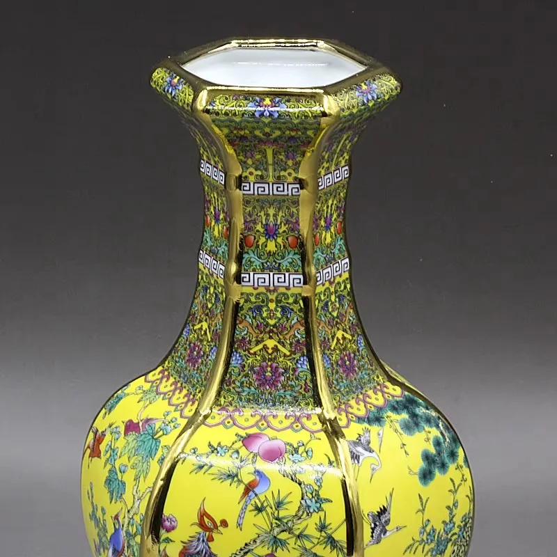 Qing Qianlong Enamel Colorful Flower and Bird Hexagonal Yellow Appreciation Vase Antique Porcelain Ornament