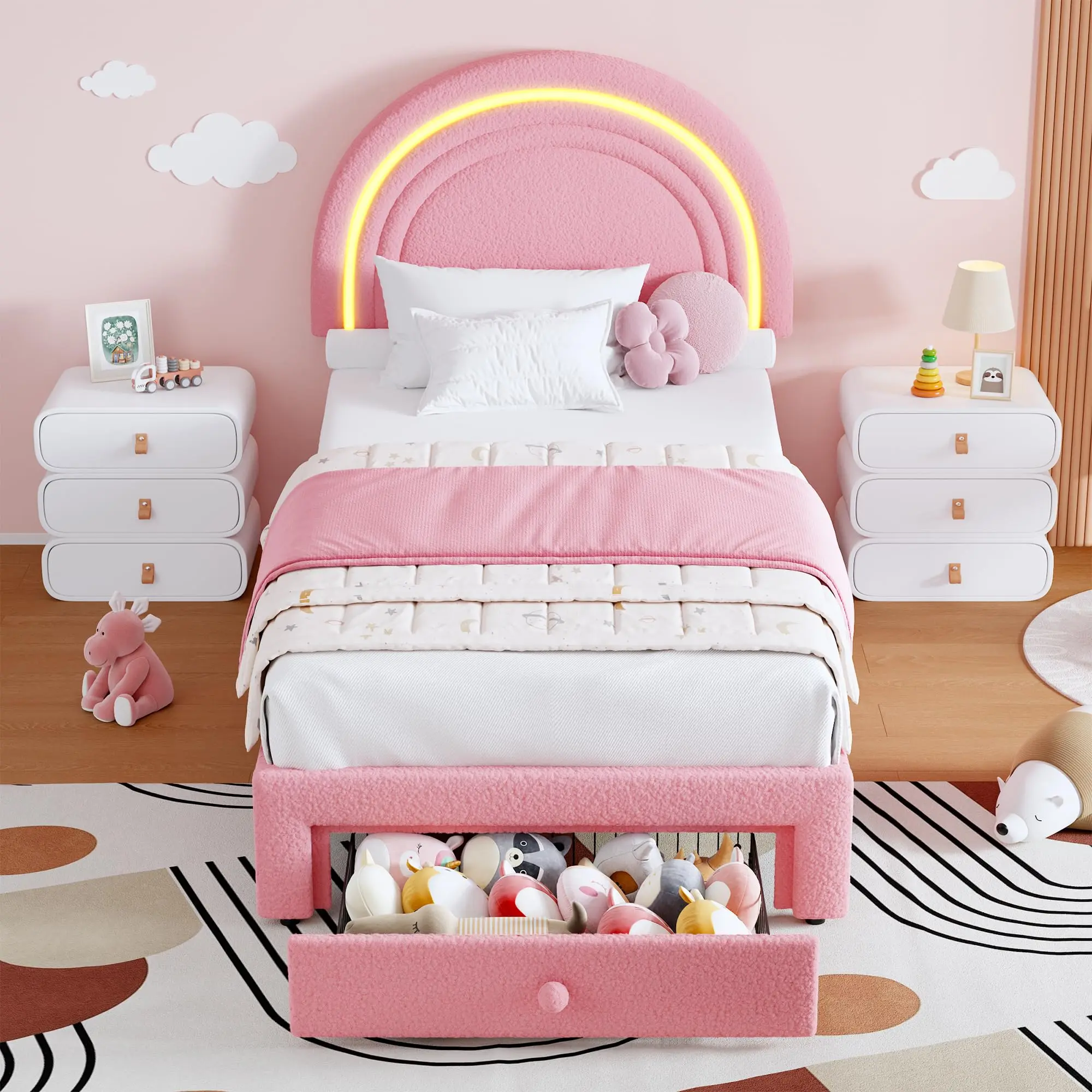 Kids Upholstered Twin Bed Frame - Rainbow LED Headboard, Storage Drawer, Boucle Fabric, Sturdy Wood Slats, Noise-Free, No Box Spring Needed, Easy Assembly