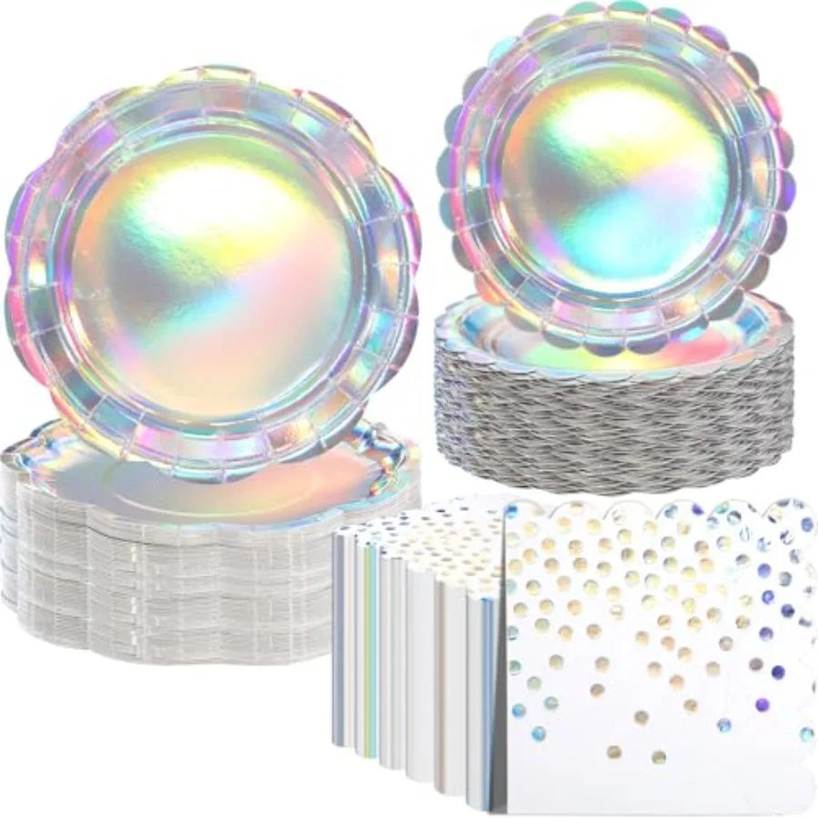 

Pcs 48 Guests Party Plates and Napkins Disposable Rainbow Holographic Paper Plates and Napkins for Mermaid Bridal Shower Weddin