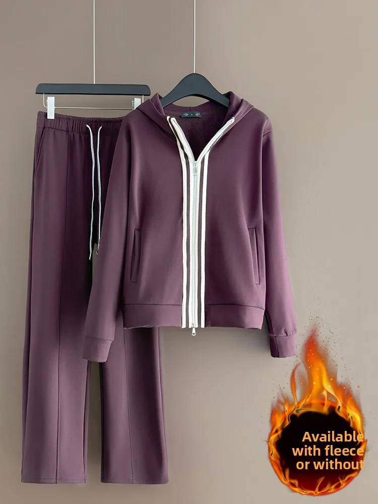 

Winter Thickened Fleece Casual Sportswear Set Women's Fashionable Outerwear Top Wide Leg Pants Two Piece Set High Waist