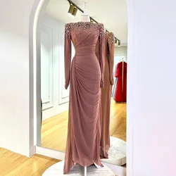 Vestido de noite feminino com mangas compridas de cristal, vestido rosa para convidados, elegante para a mãe da noiva, trompete sereia de luxo