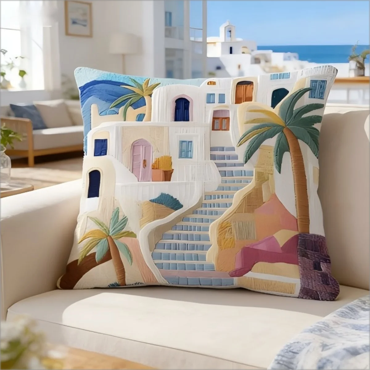 Santorini Greek Island Pillow Cover 2D Faux Embroidery Print Cushion Case Mediterranean Beach Home Decor Gift