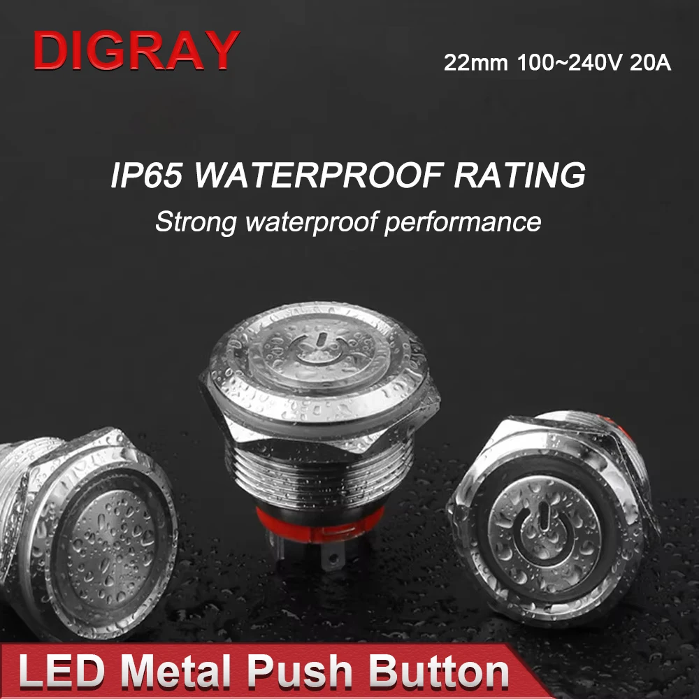 DIGRAY LED Light Metal Push Button Switch 20A 22mm Waterproof Metal Short Push Button Switch Self-locking