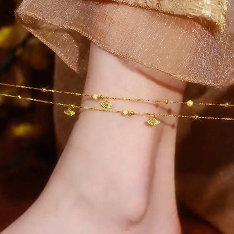 Gold Color Plated Anklets for Women Tassel Apricot Charm Foot Leg Chain Link Bracelet Beach Accessories Jewelry