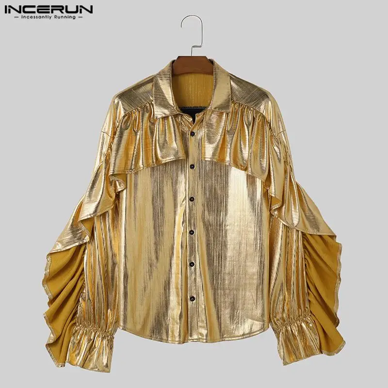 Men Shirt Sparkling Patchwork Ruffle Lapel Long Sleeve Streetwear Men Clothing 2024 Party Fashion Casual Camisas S-5XL INCERUN