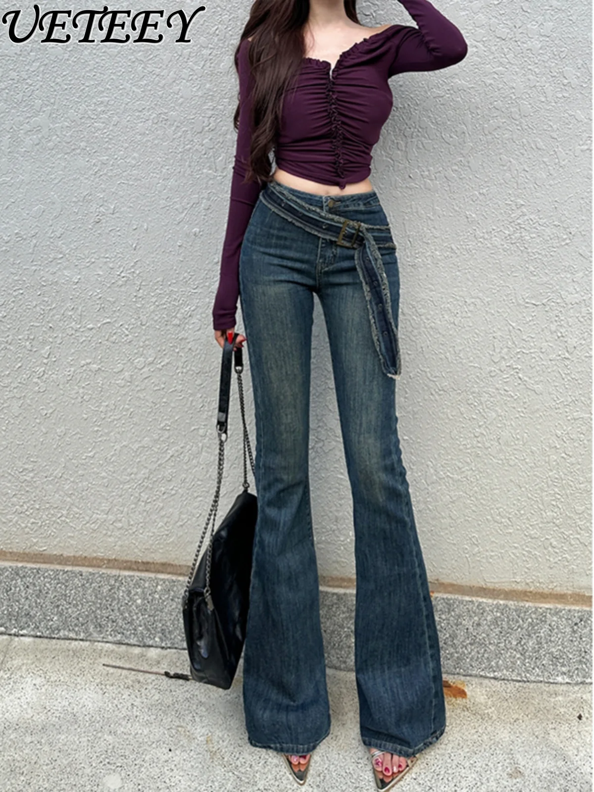 Oblique Belt Design Fashionable Slightly Pulled Jeans Women's Spring and Autumn New High Waist Hip Flared Denim Pants Trousers