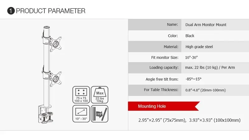 Desktop Dual Computer Monitor Mount Stand Vertical Array for Two Screens Fit for 10