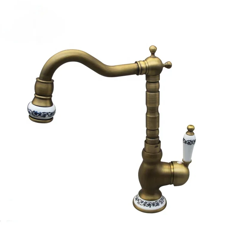 New Style China Solid Brass Antique Tap Mixers for Lavatory Deck Mount Basin Faucets With Blue and White Porcelain