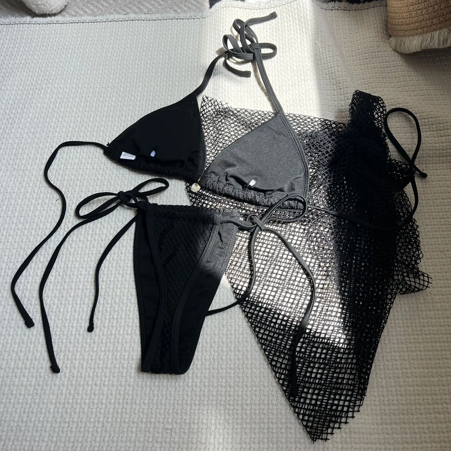 Sexy plaine maille bikinis ensembles 3 pièces avec maille couverture jupe coquille pendentif maillots de bain maillot de bain tenues de plage biquini tankini