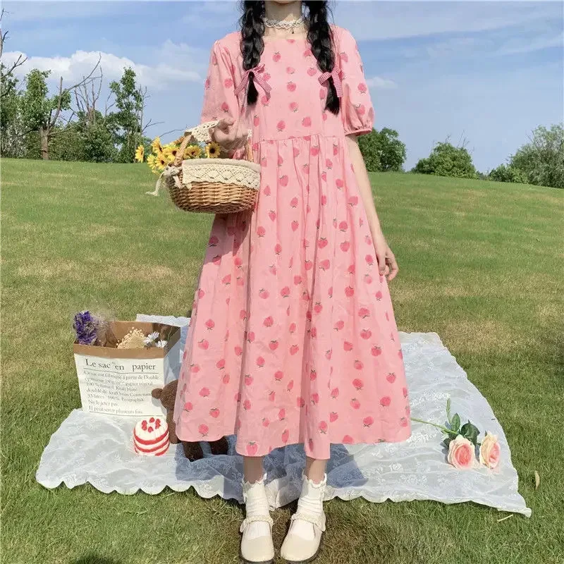 Hstar Kawaii Strawberry Dress Summer Pink Sweet Cute Puff Sleeve Maxi Dresses For Women Lovely Girl Vintage Holiday Sundres NM33
