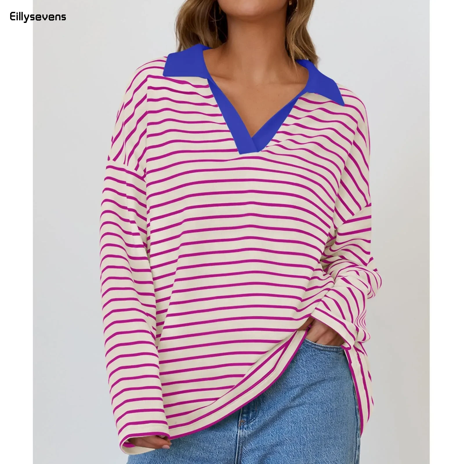 

Lapel Collared V Neck Shirts Sweatshirt Womens Oversized Color Block Striped Long Sleeve Y2k Streetwear Casual Loose Pullovers