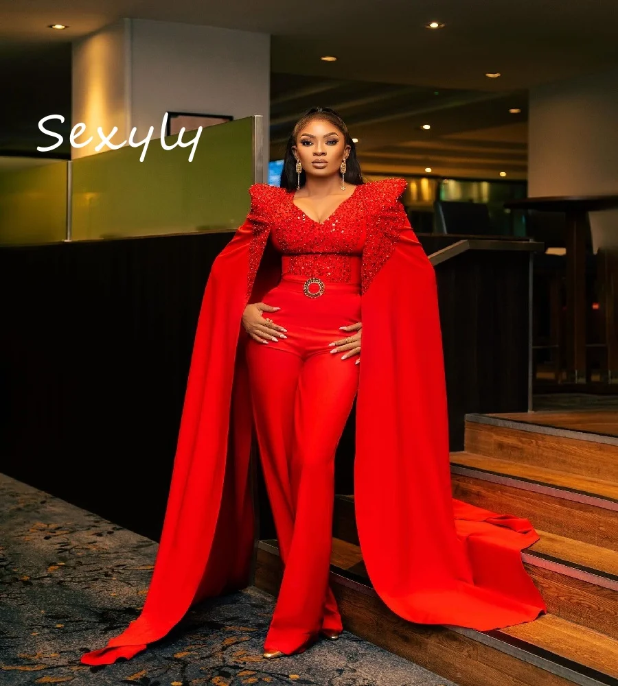 

Glamorous Red Jumpsuit Prom Dress For Black Girls 2025 Cape Sleeves Arabic Sequin V Neck African Evening Formal Party Customized