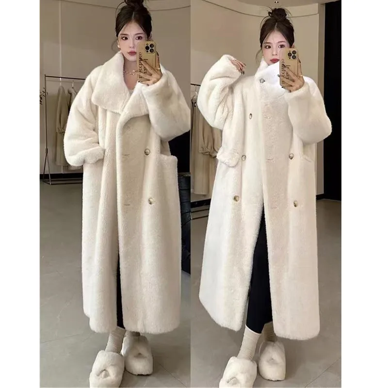 Faux Mink Fur Coat for Women, Double Breasted Jackets,Turn-down Collar Overcoat, Female Clothes, Winter,New