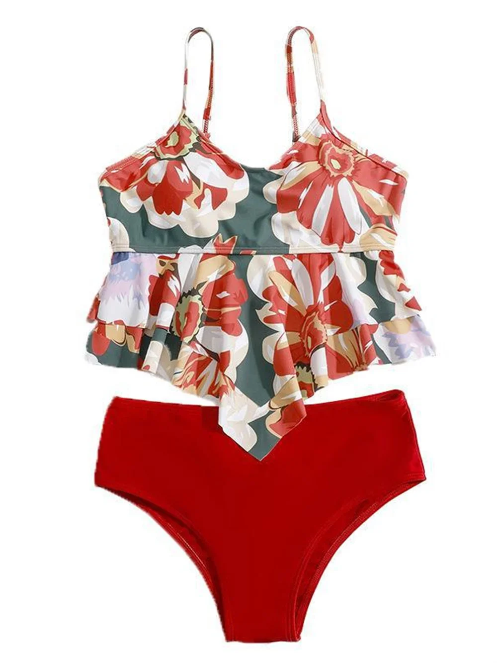 Sexy Ruffled Tankini Floral Top Sling Swimsuit Red Thong Bikini Swimwear Women Beach Y2K Outfit Bathing Suit Traje De Bano Mujer