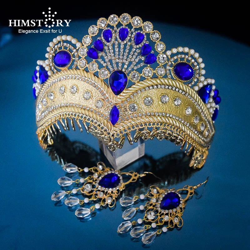 HIMSTORY  Bohemian Red/Blue Wedding Hair Crown Dance Performance Wedding Stage Show Headpiece Accessories