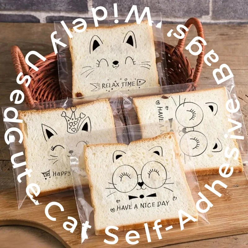 100PCS Transparent Self-adhesive Candy Gift Bags Cute Bunny Cat Bear Animal Bread Toast Cookies Baking Packaging Bags Supplies