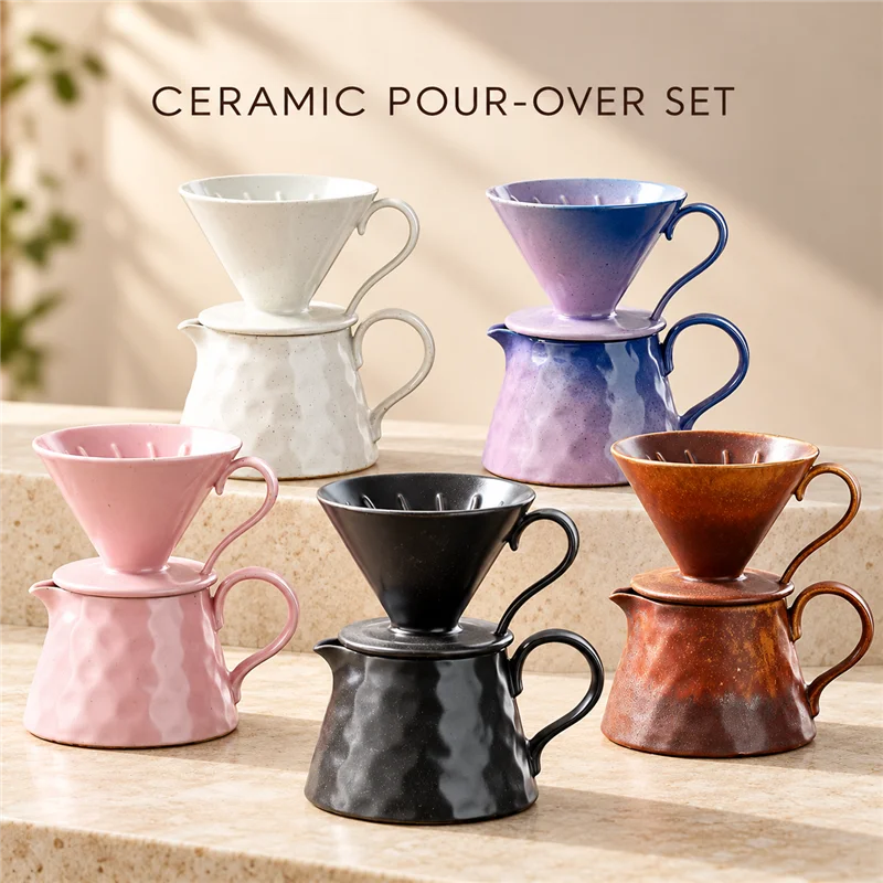 BIGE Ceramic Pour Over Coffee Set with Ribbed Dripper and 450ml Server, 9 Glaze Colors, Hand Brew Coffee Maker