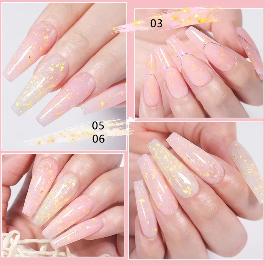 7ml Glitter Rubber Base Gel Polish Pink White Gel Top Coat with Gold Sequins Soak Off UV LED Nail Art Gel Varnish Manicure #GY95