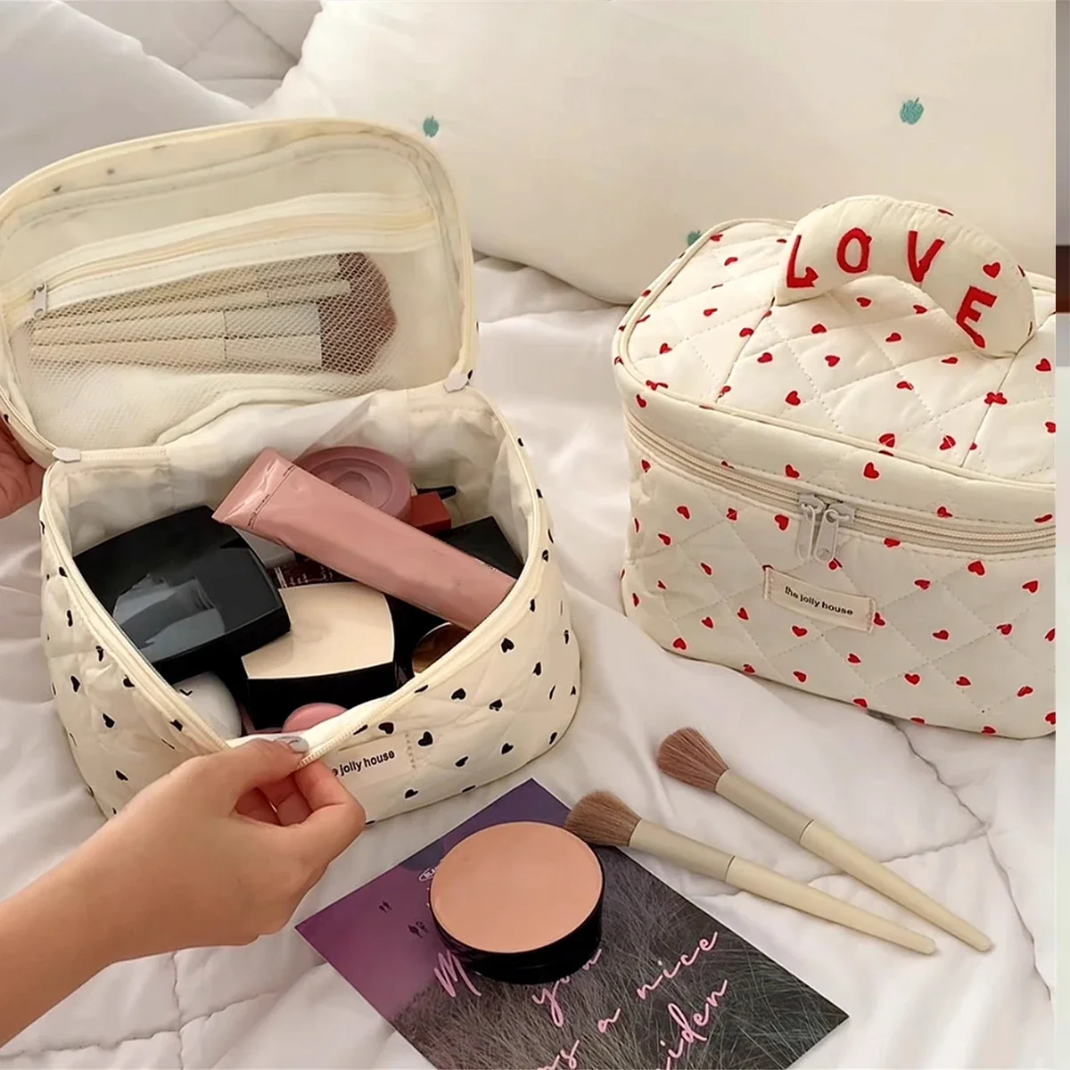 Simpatica borsa per il trucco in cotone trapuntato da donna con cerniera organizzatore cosmetico borsa da donna scatola di stoffa custodia da toilette portatile per ragazze