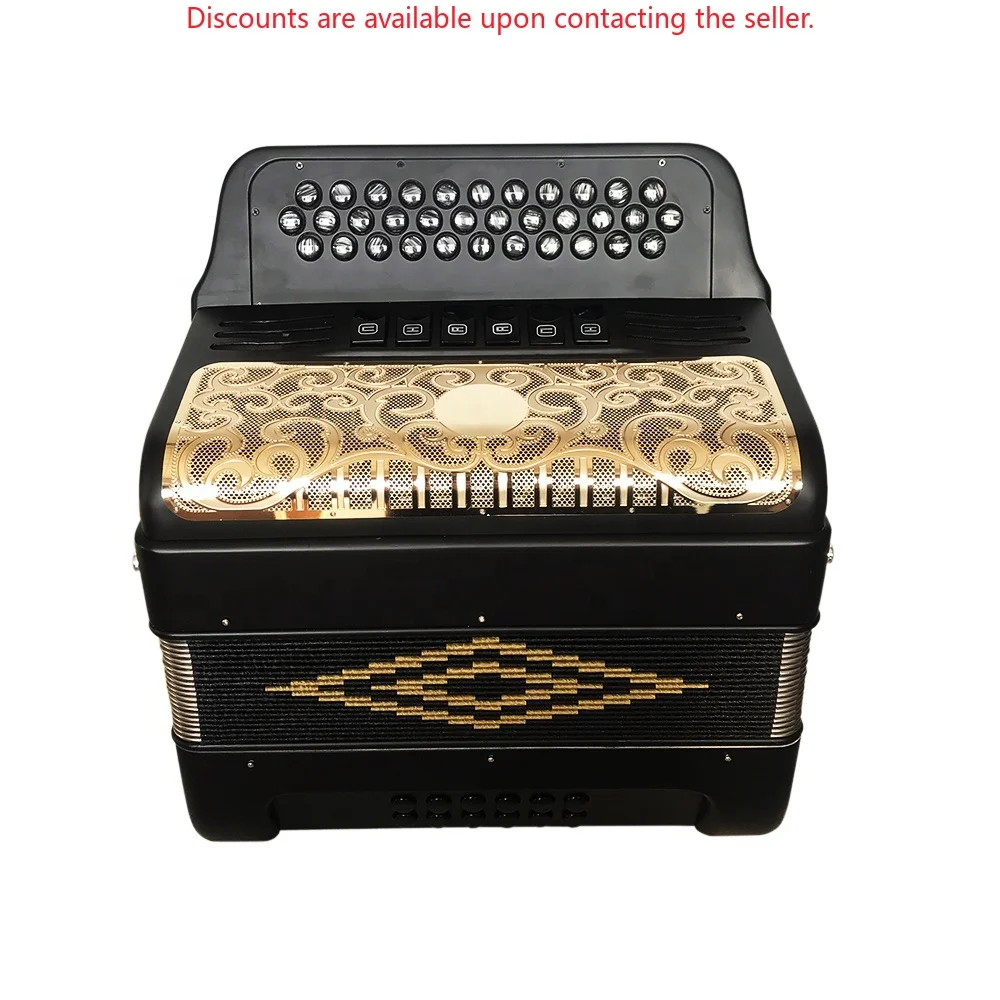 

Профессиональный 34-кнопочный 12-кнопочный 6-регновенный аккордеонный инструмент JB3412E, черный матовый корпус, золотой гриль, черные кнопки OEM