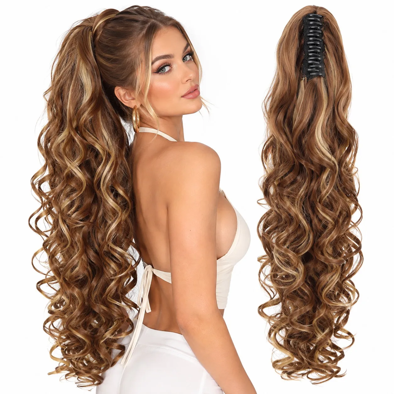 30 Inch Long Wavy Ponytail Extension Voluminous Clip In Ponytail Hairpiece Synthetic Hair Brown Highlighted Hair for Women Party