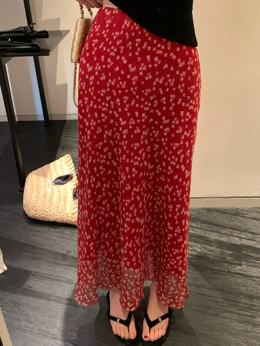 

Романтичная красная асимметричная юбка миди с цветочным принтом, А-силуэт, из смесового хлопка и полиэстера, повседневная, для отдыха