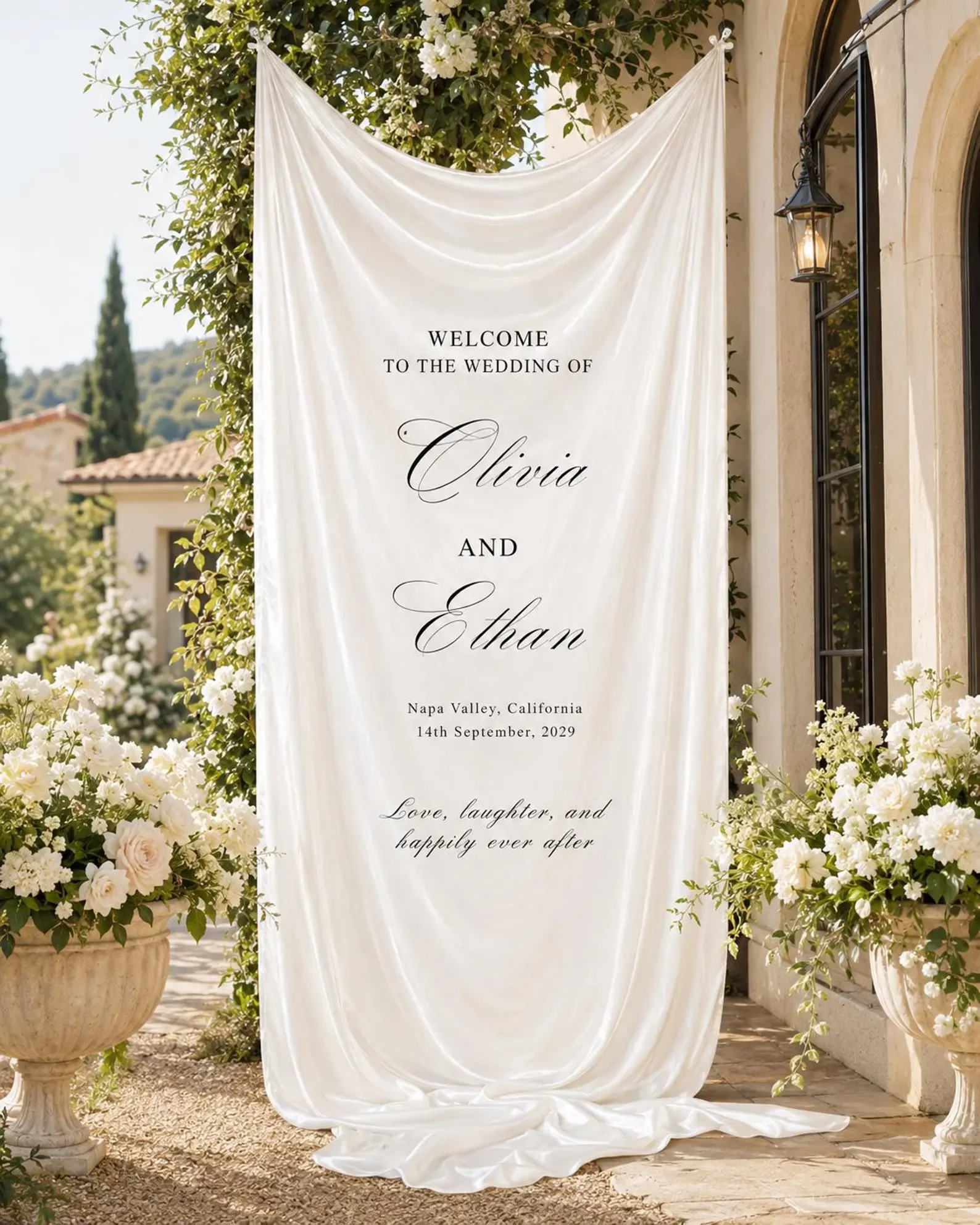 Personalized Wedding Welcome Banner Custom Names Date Fabric Sign for Ceremony Reception Entrance Backdrop Decor