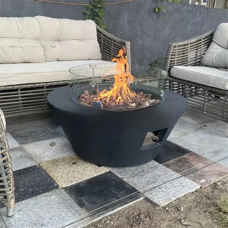 Modern Outdoor Fire Pit Table New Model GRC/GFRC Beige Coffee Rectangle Shape Made of Concrete and Glass
