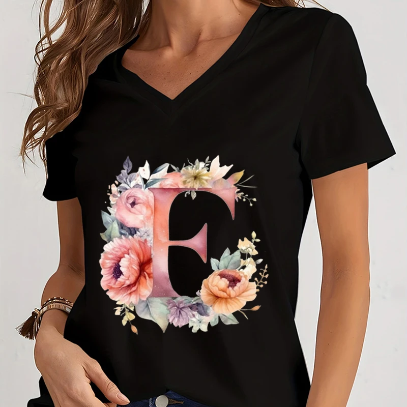 Flower Alphabet Women T-shirt Watercolor Letter A-Z Print Clothing Ladies V-neck Loose Short Sleeve Blouse Letter Series Tshirt image 6