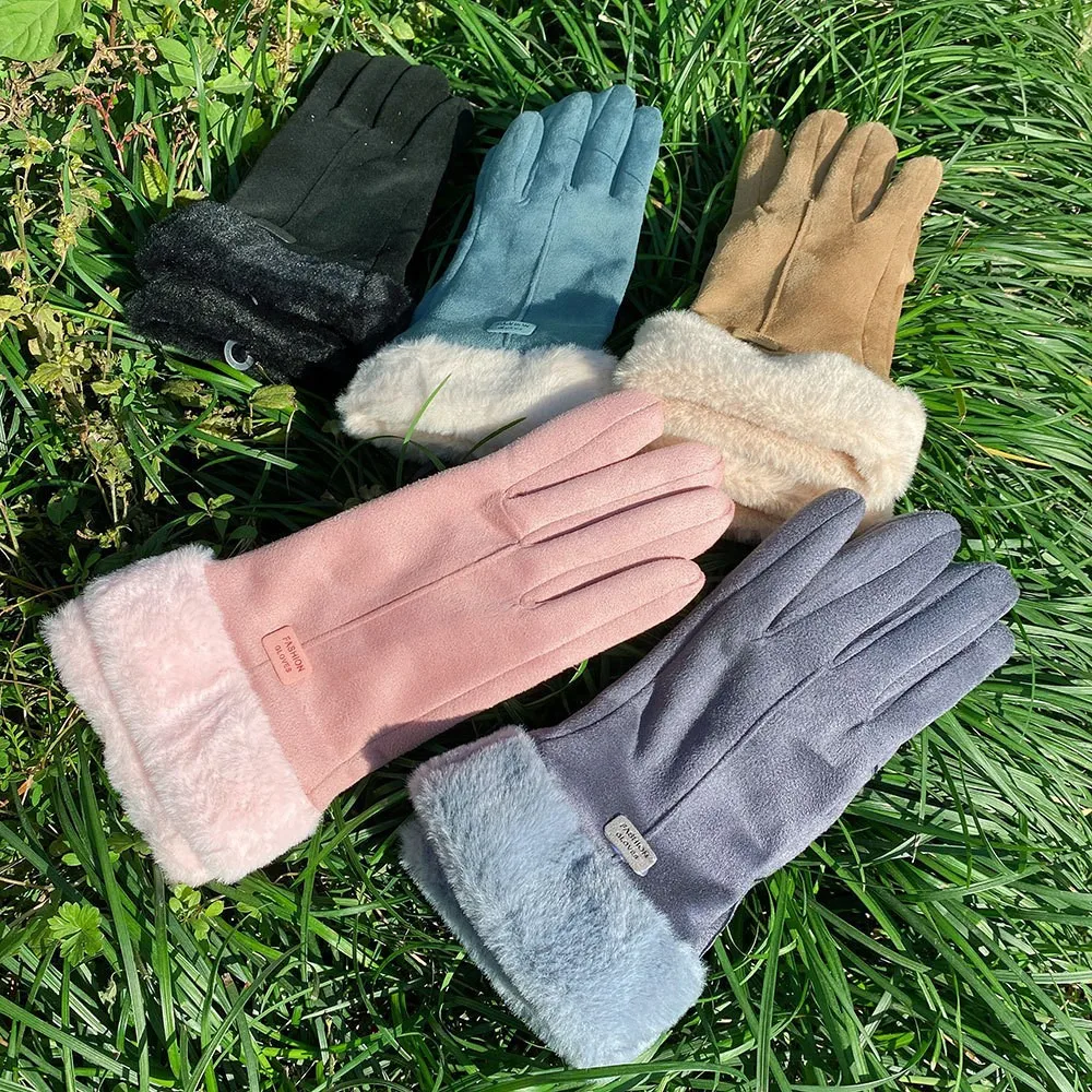 Women's Suede Warm Gloves with Outdoor Touch Screen Stickers, Seasonal Thick Warm Riding, Driving, Leisure Motorcycle Gloves