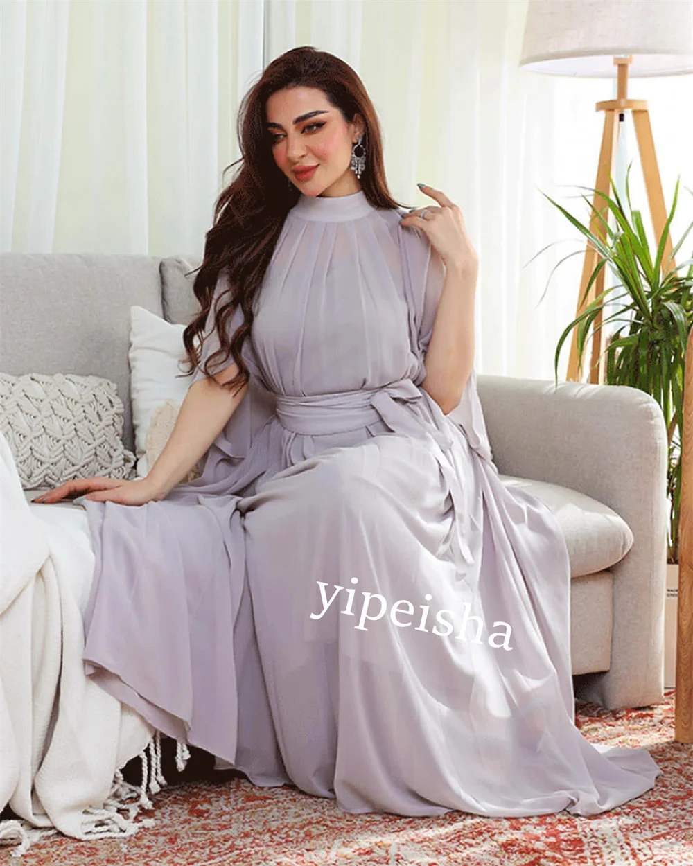 Jiayigong-vestido Midi de gasa con lazo para mujer, traje de noche con cuello alto, a medida, Arabia Saudita