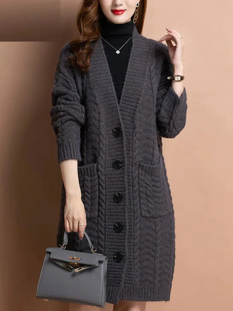 Thick Loose Knitwears Mid-lenght Cardigan Casual Knitted Elegant Sweaters Oversize Women\'s Gilet New Korean Fashion Jackets