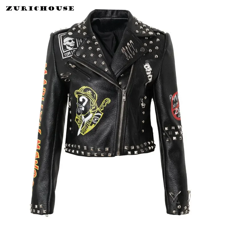 

Contrast Graffiti Print Short Faux Leather Jacket Women 2024 New Streetwear Black Slim-fit Punk Studded Motorcycle Jacket