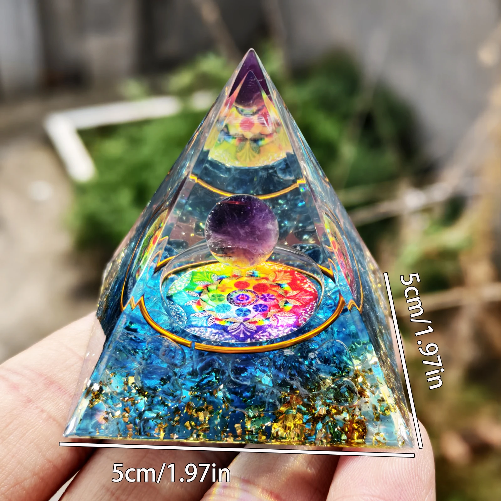 Natural Amethyst Ball And Blue Glass Crafted Mantra Orgone Pyramid Decorative Ornaments for Home Garden