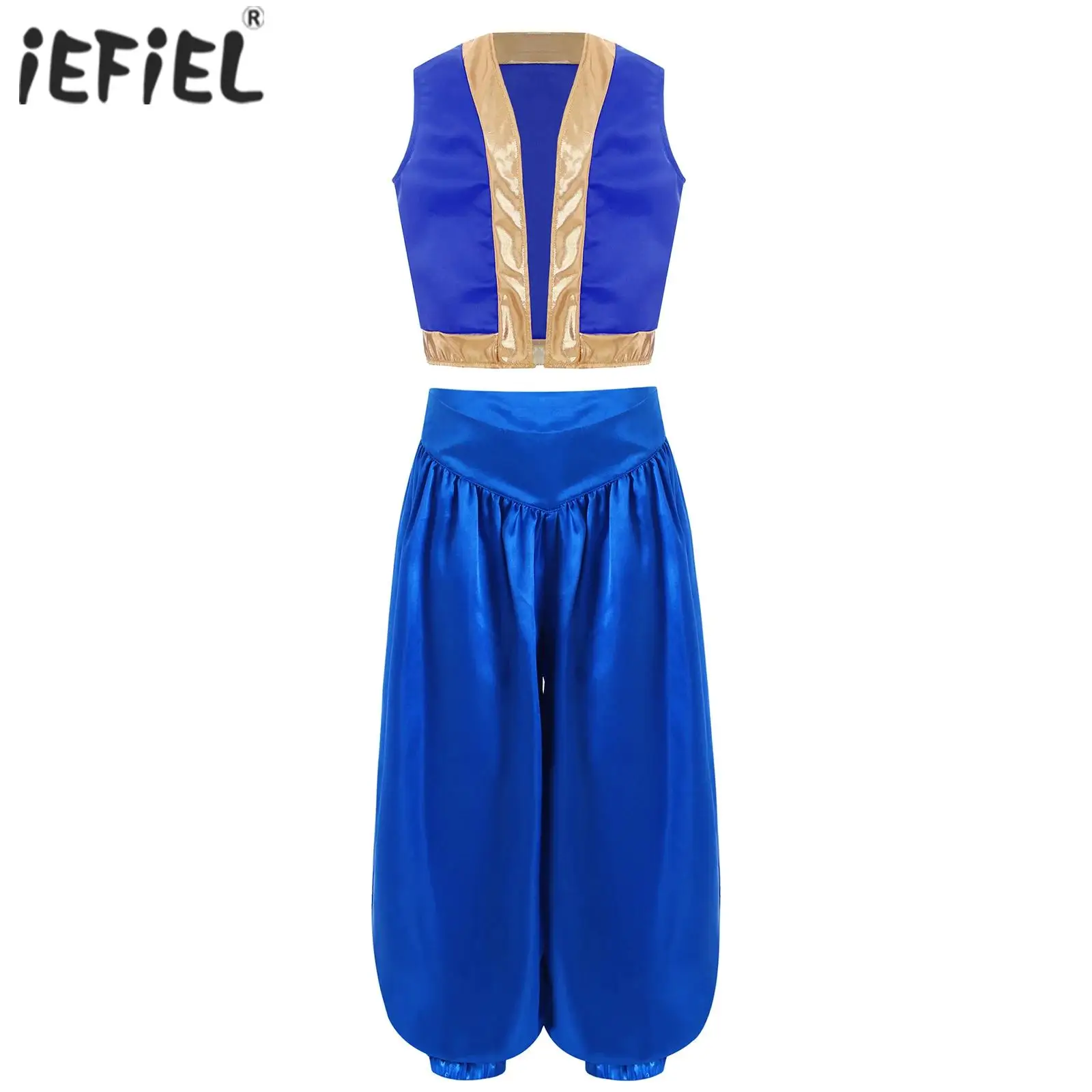 

Kids Girls Boys Arabian Prince Costume Halloween Game Character Cosplay Sets Vest with Wide-Leg Satin Bloomers Party Dress Up