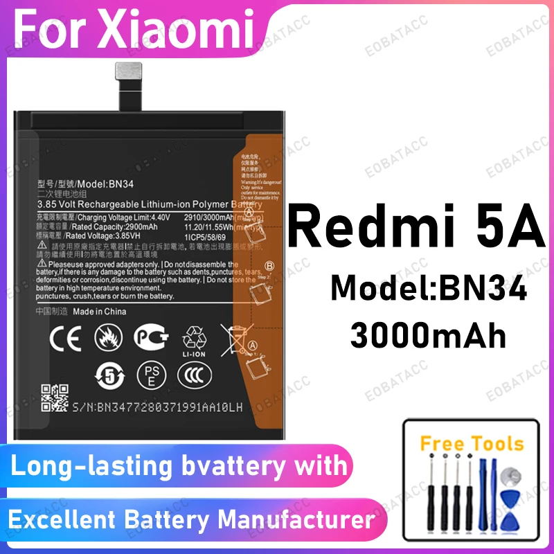 

100% New 3000mAh BN34 Battery For Xiaomi Redmi 5A Battery Replacement Bateria+Free Tools