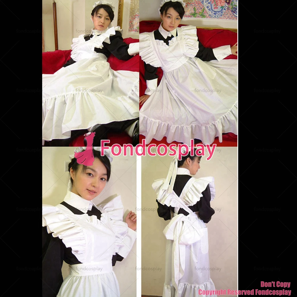 fondcosplay adult sexy cross dressing sissy maid long Lockable black Cotton Dress Uniform white apron CD/TV[CK1238]