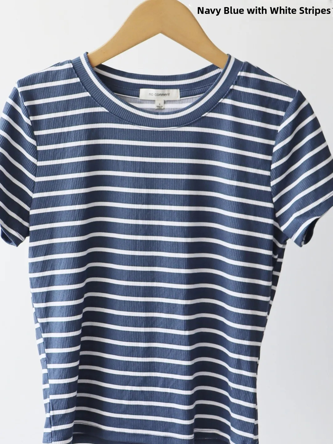 スリムフィットまたはスウェットTシャツ、ストライプ柄カジュアル、軽量で柔らかいコットン素材のサマートップス、女性用ラウンドネックプルオーバー