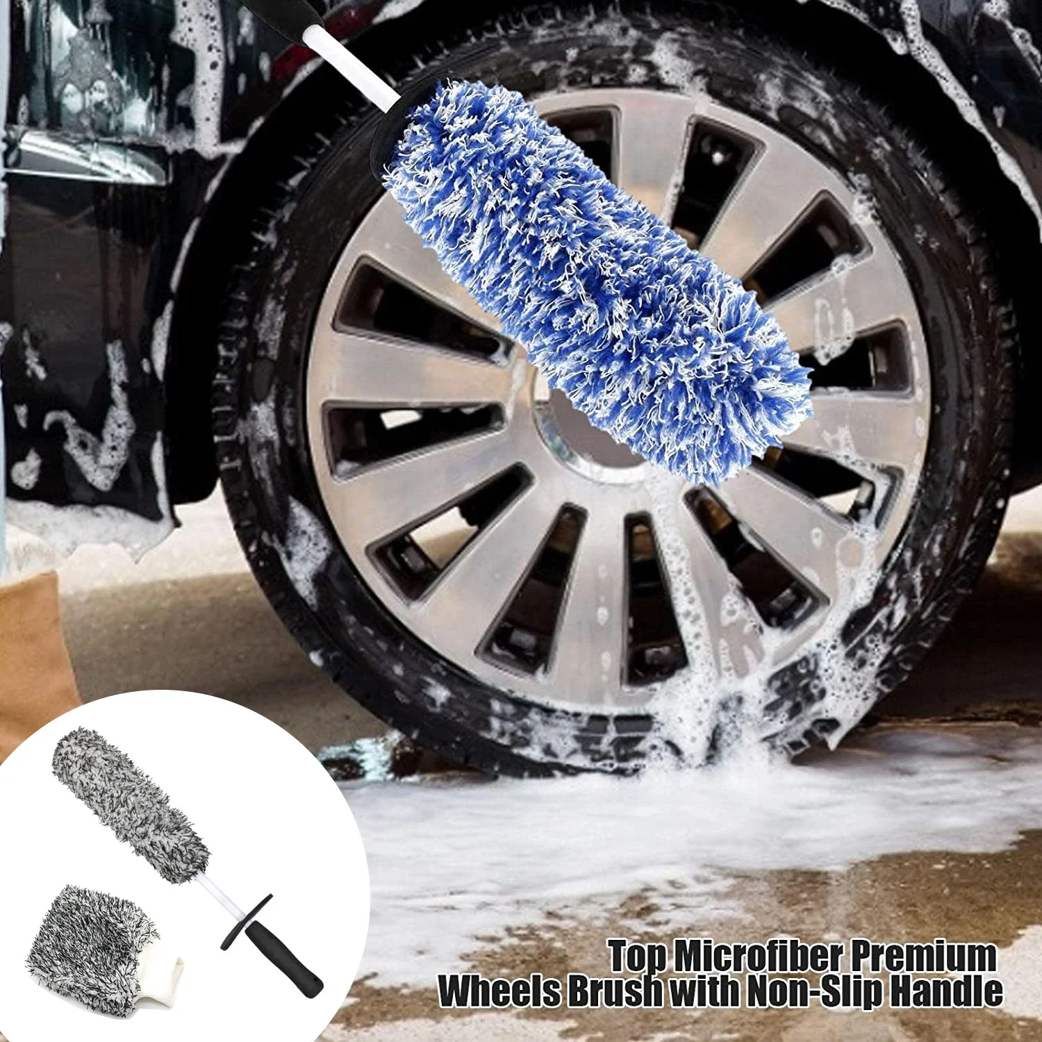 Microfiber Car Wash Brush Cleaning Gloves with Plastic Handle Double-Sided Wheel Brush Absorbent Clean Glove for Car Washing