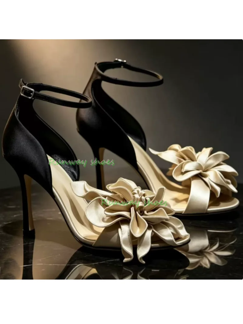 Satin 3D flowers High-Heeled Sandals Square Head Open Toes Ankle Girdle Ankle Girdle Dinner Luxury Women's Shoes 2026 New