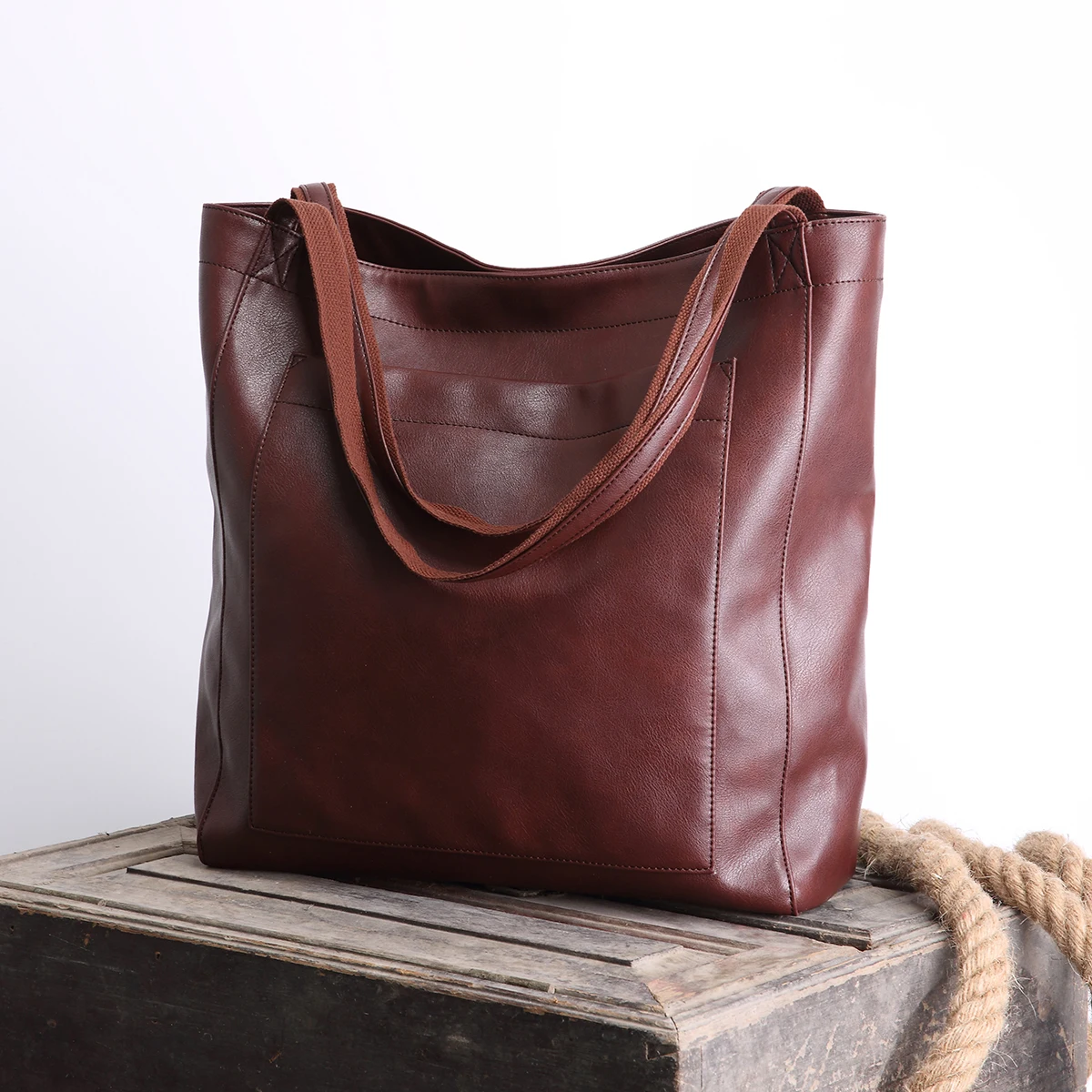 Oil wax pattern soft leather retro vertical Tote bag for women