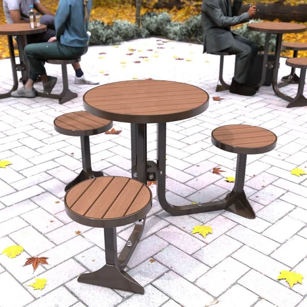 Modern Outdoor Seating Set Round Table Wood & Anti-Rust Steel Frame with 3 Integrated Benches for Schools Residential Gardens